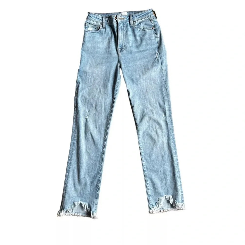 Jonathan Simkhai Standard High Rise Straight Leg Jeans Light Wash Frayed Hem 28